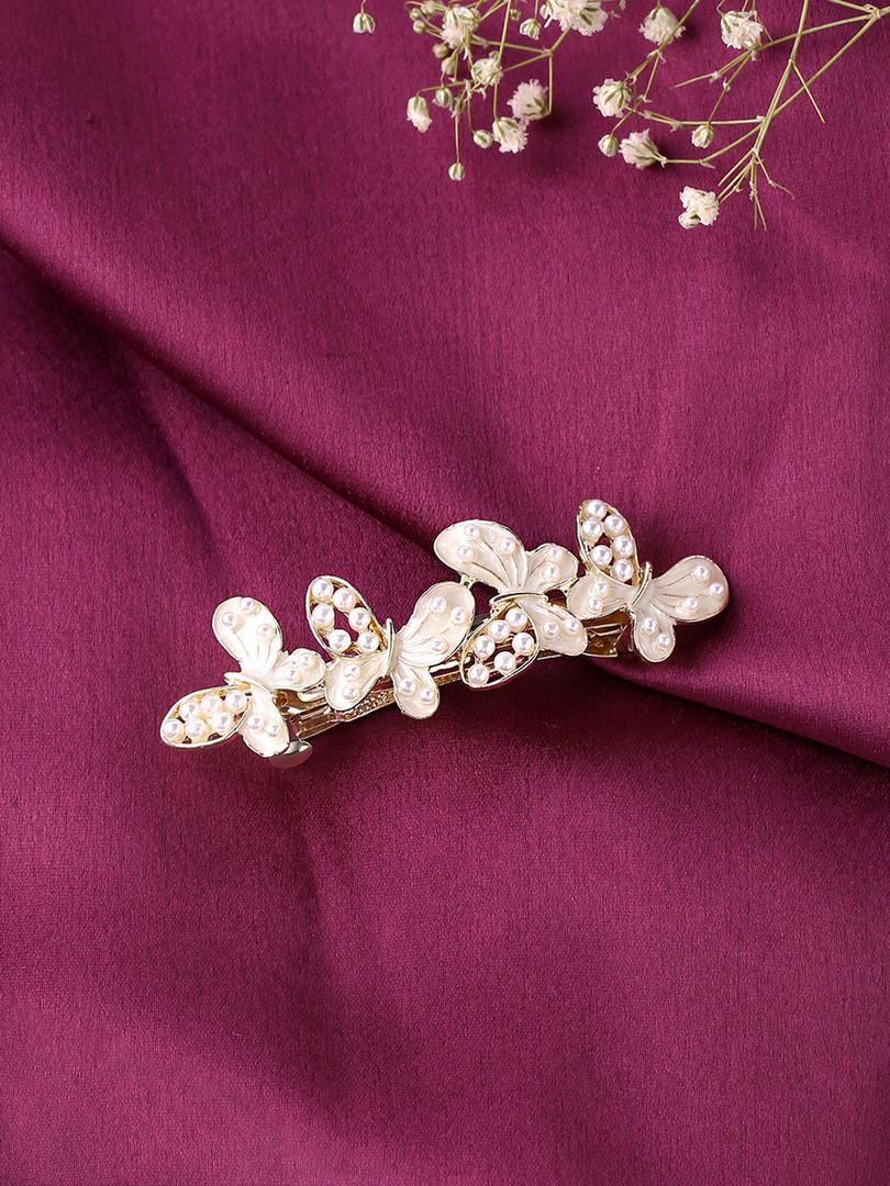 Yellow Chimes Women White & Gold-Toned Pearl Butterfly Designed French Barrette Hairclips